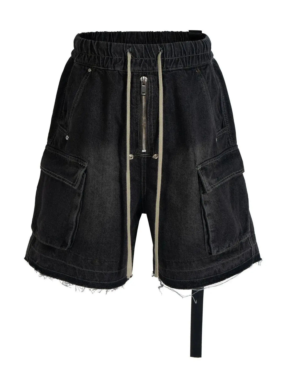 Men's black denim cargo shorts with drawstring waist, front zipper, and cargo pockets