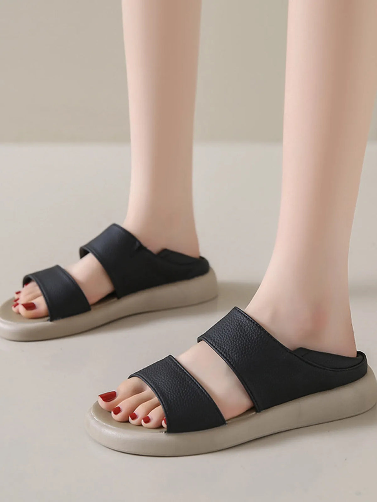 Open Toe Platform Sandals by Trendsi, black faux-leather straps with beige platform sole