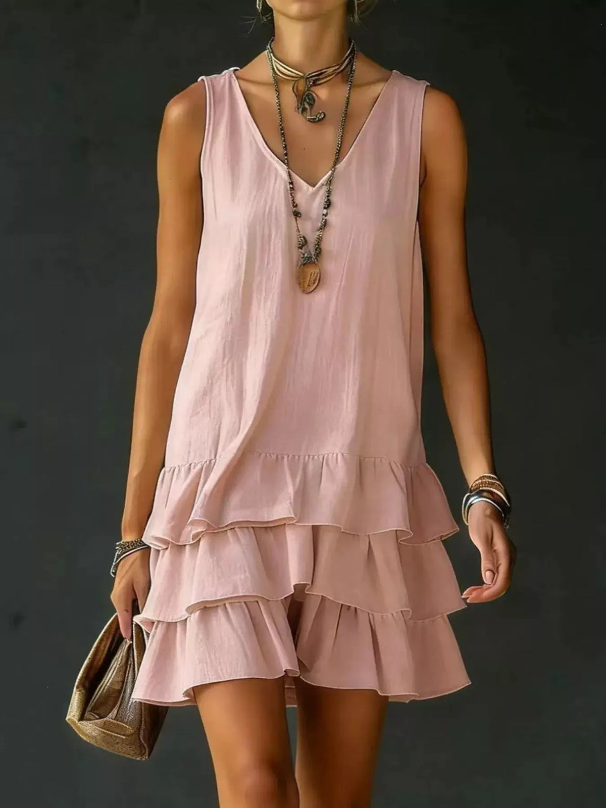 Dress: pink plus-size sleeveless V-neck with tiered ruffle hem by Trendsi