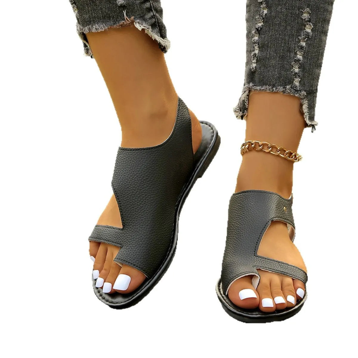 Toe Loop Flats Sandals in gray pebble-textured faux leather by Trendsi