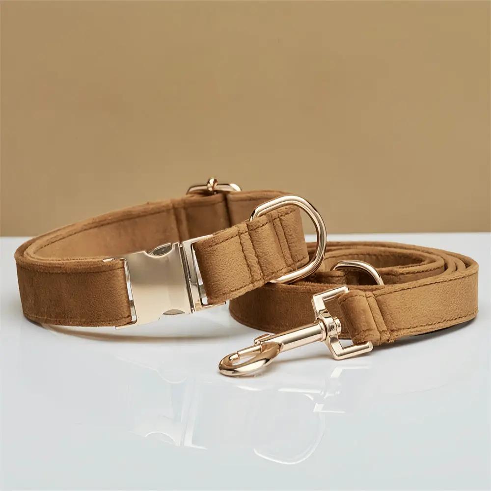 AdTec velvet dog collar and leash set, 2-piece, tan with rose-gold hardware