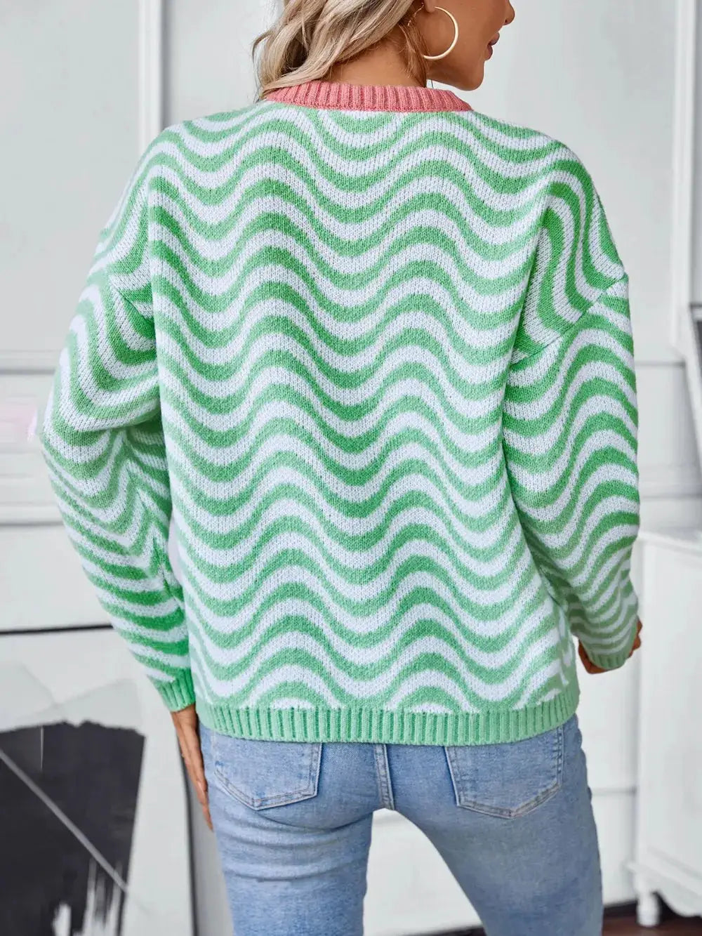 Casual wavy stripe knit sweater, mint green and white, round neck, long sleeves
