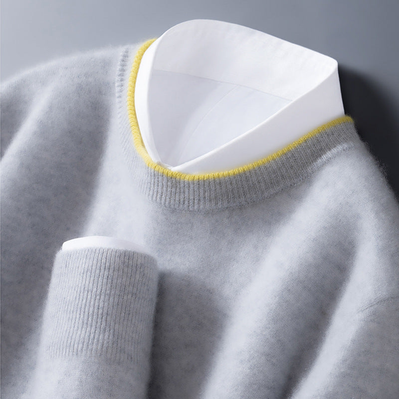 Men's multicolored crew-neck sweater by AdTec, light grey knit with yellow trim