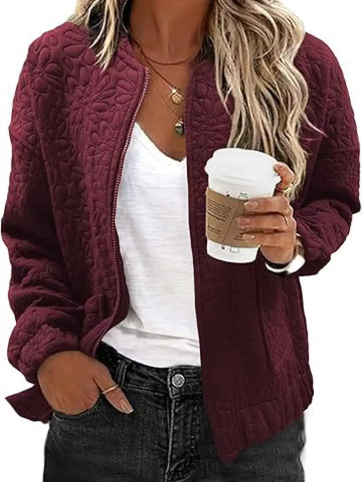 Premium floral quilted lightweight zip-up jacket in burgundy by Trendsi for daily wear