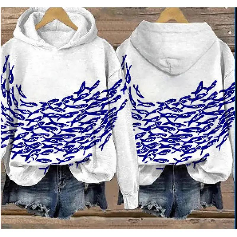 Womens Floral Printed Hooded Long Sleeve Pullover Sweatshirt, white with blue floral pattern, AdTec, 2-pack
