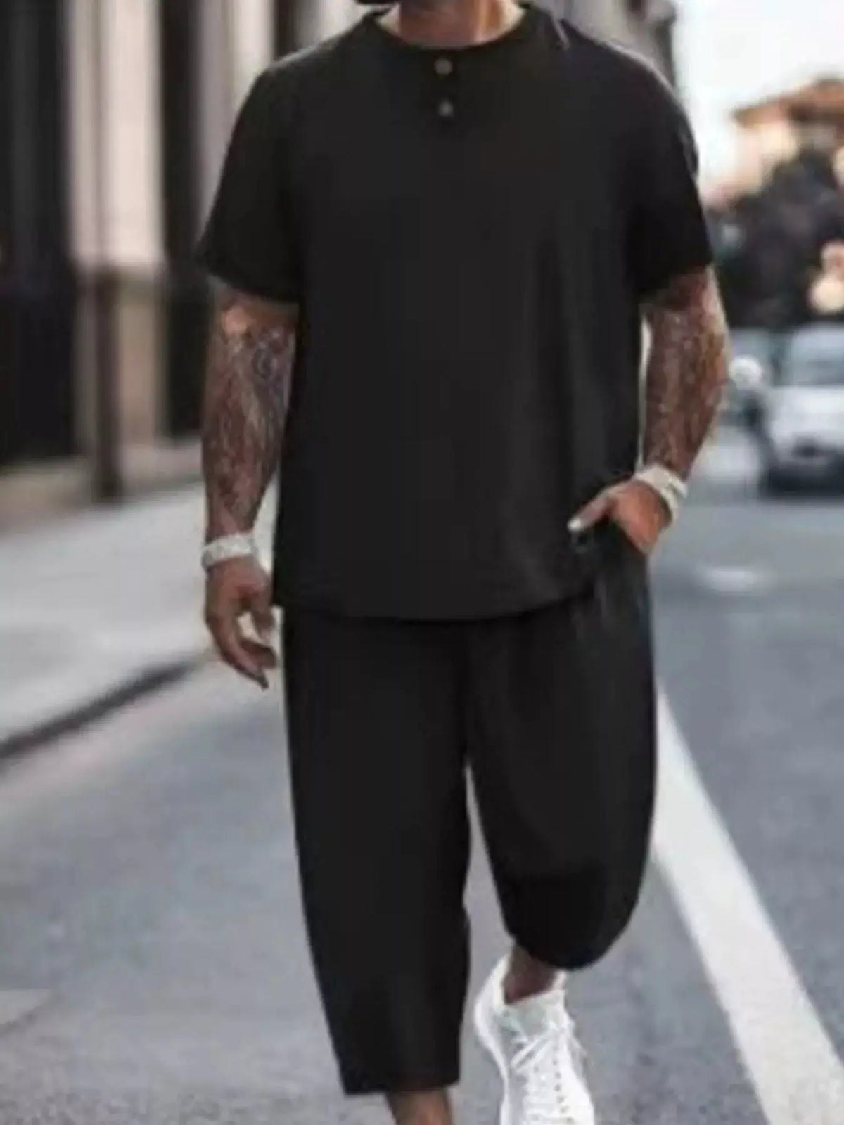 Men's Plus Size Casual Short Sleeve Two-Piece Set, black; lightweight top with Henley buttons and cropped pants.