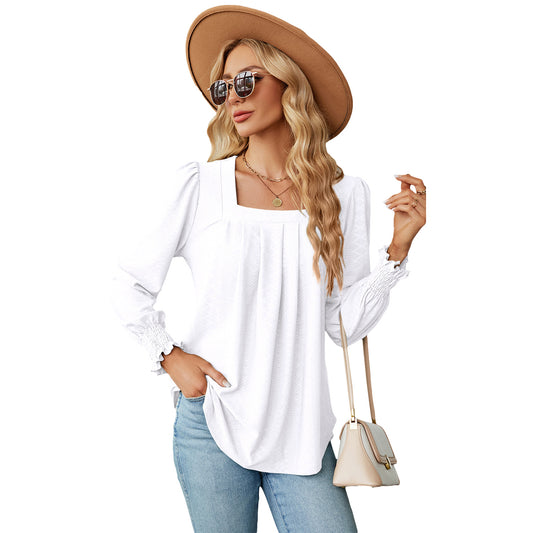 T-shirt Jacquard Plissé Col Carré Manches Longues Queue de Pie Couleur Unie Femme