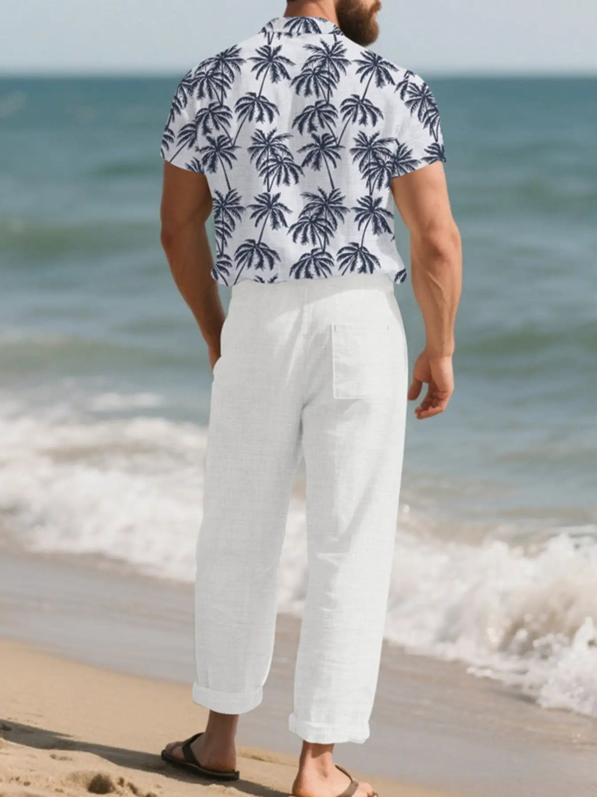 Men's Plus Size Tropical Palm Print Shirt and Pants Set by Trendsi in white with navy palm print