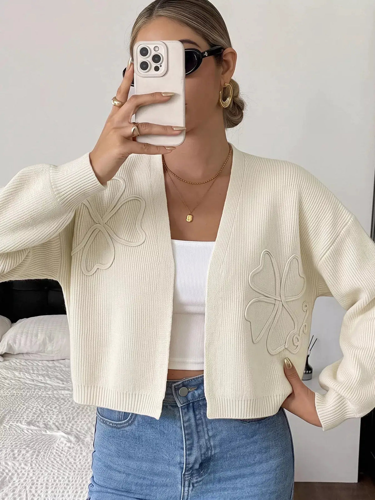 Four-Leaf Clover Open Front Cardigan, cream knit with stitched clover motifs, Trendsi.