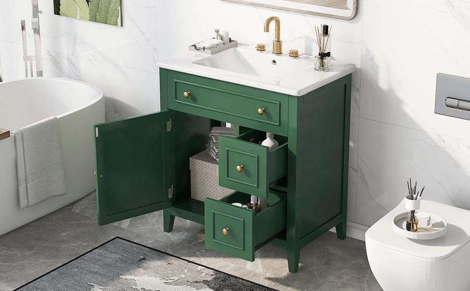 30" Bathroom Vanity with Sink Top, Bathroom Vanity Cabinet with Door and Two Drawers, Solid Wood Frame, One Package, Green by eprolo