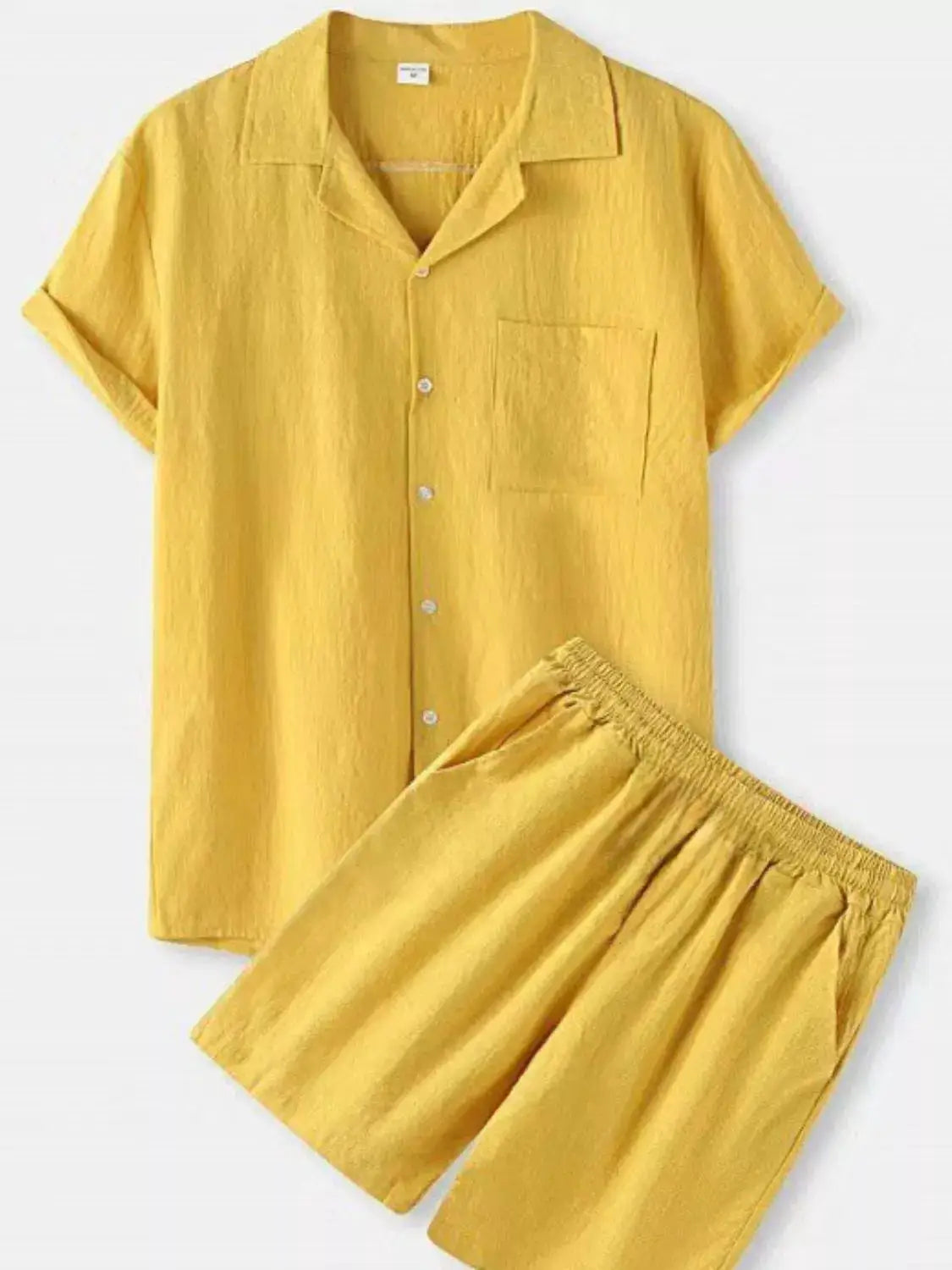 Men's plus-size 2-piece 100% cotton button-up short-sleeve shirt and matching yellow shorts set, Trendsi.