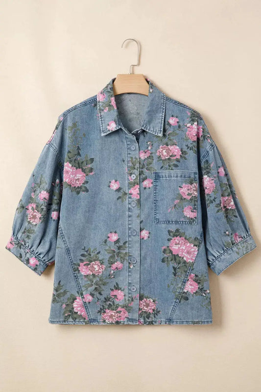 Trendsi floral print denim shirt, blue cotton-blend with pink flowers, button-up with chest pocket.