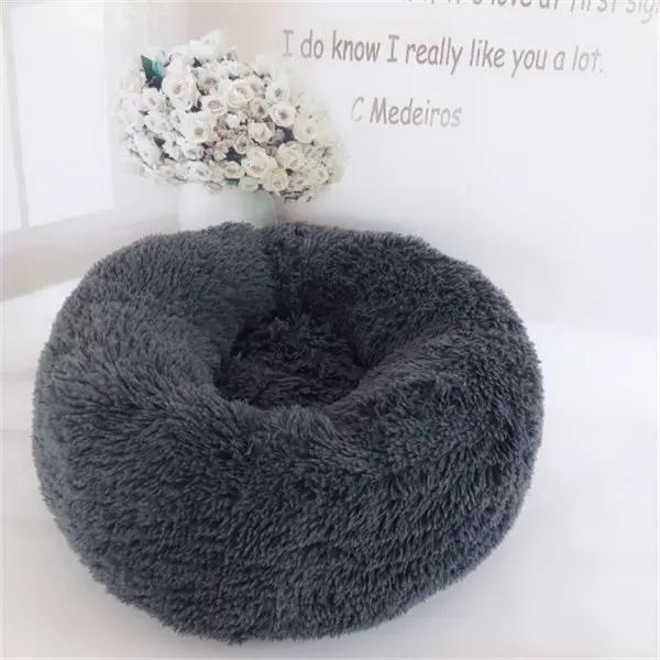 Round plush cat bed nest pad, AdTec, gray shaggy fur for winter warmth.
