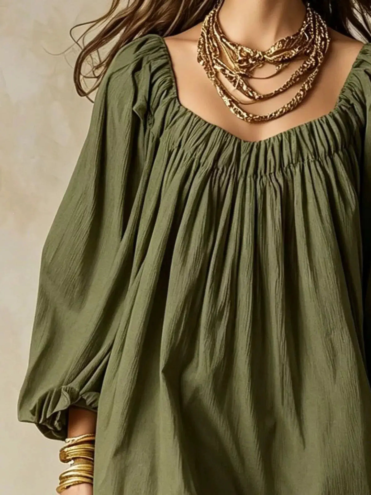 Trendsi flowy olive green balloon-sleeve mini dress with a gathered neckline and layered gold necklaces