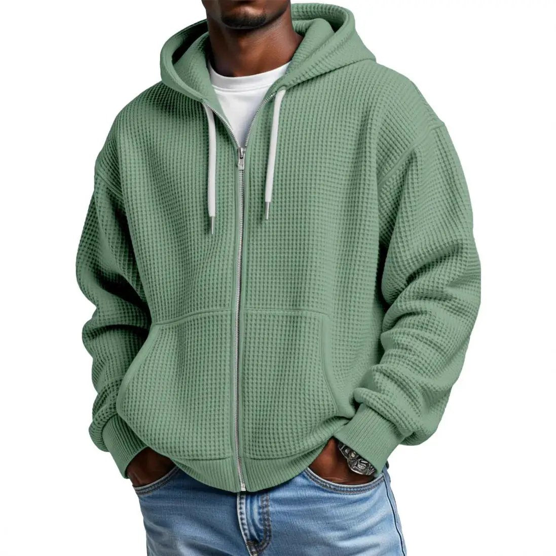 Mens warm zip-up hoodie in sage green with a kangaroo pocket and ribbed cuffs