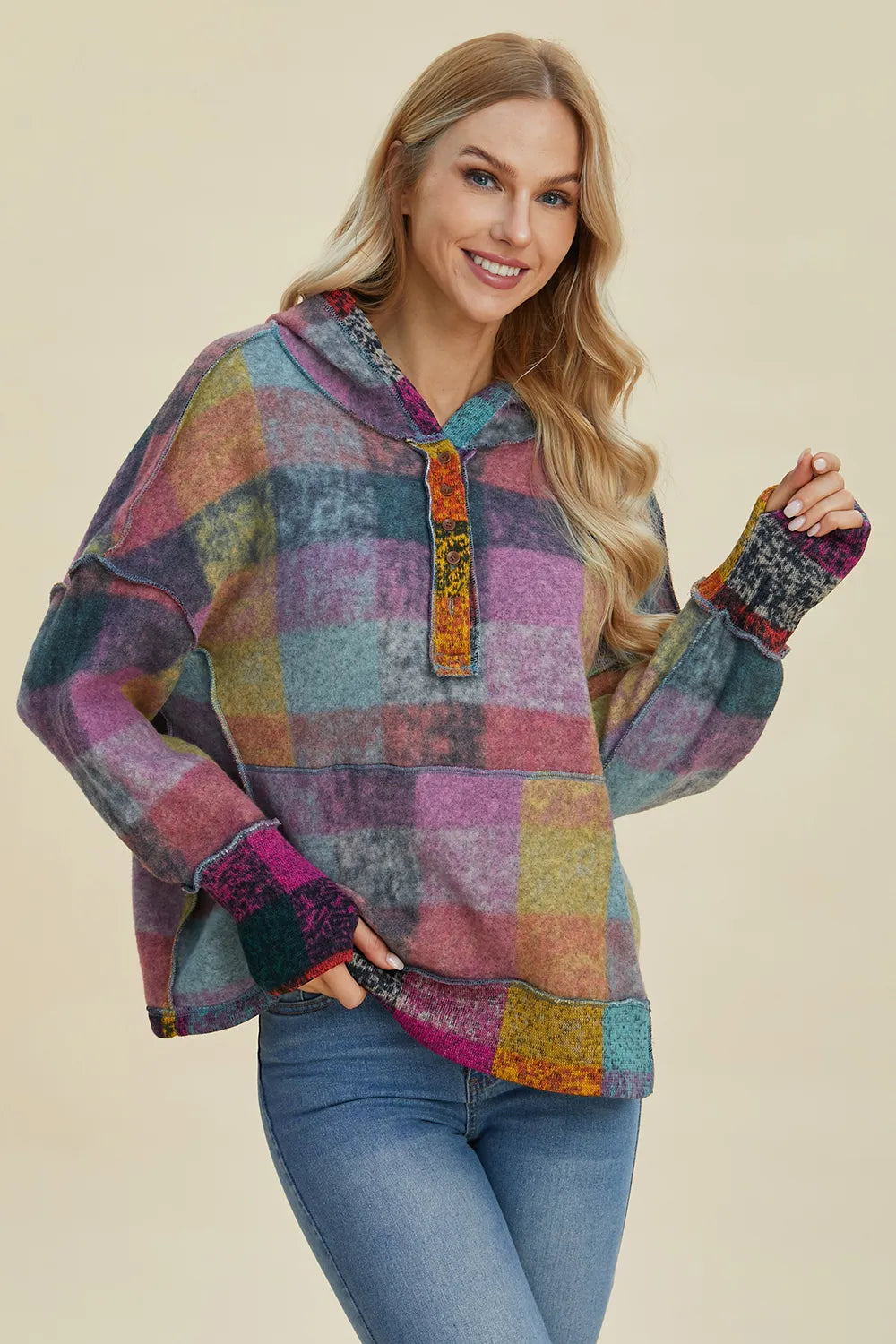Trendsi Double Take full-size fleece hoodie with dropped shoulders in multicolor plaid, plus size