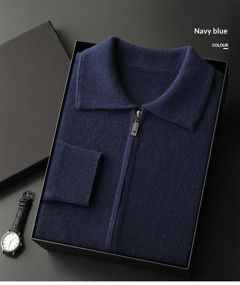 AdTec men's solid navy blue knitted cardigan with zip-front and ribbed cuffs in a presentation box