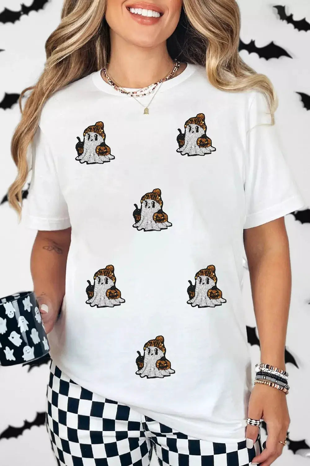 Plus-size Halloween sequin ghost print white short-sleeve casual T-shirt by Trendsi with scattered ghost motifs