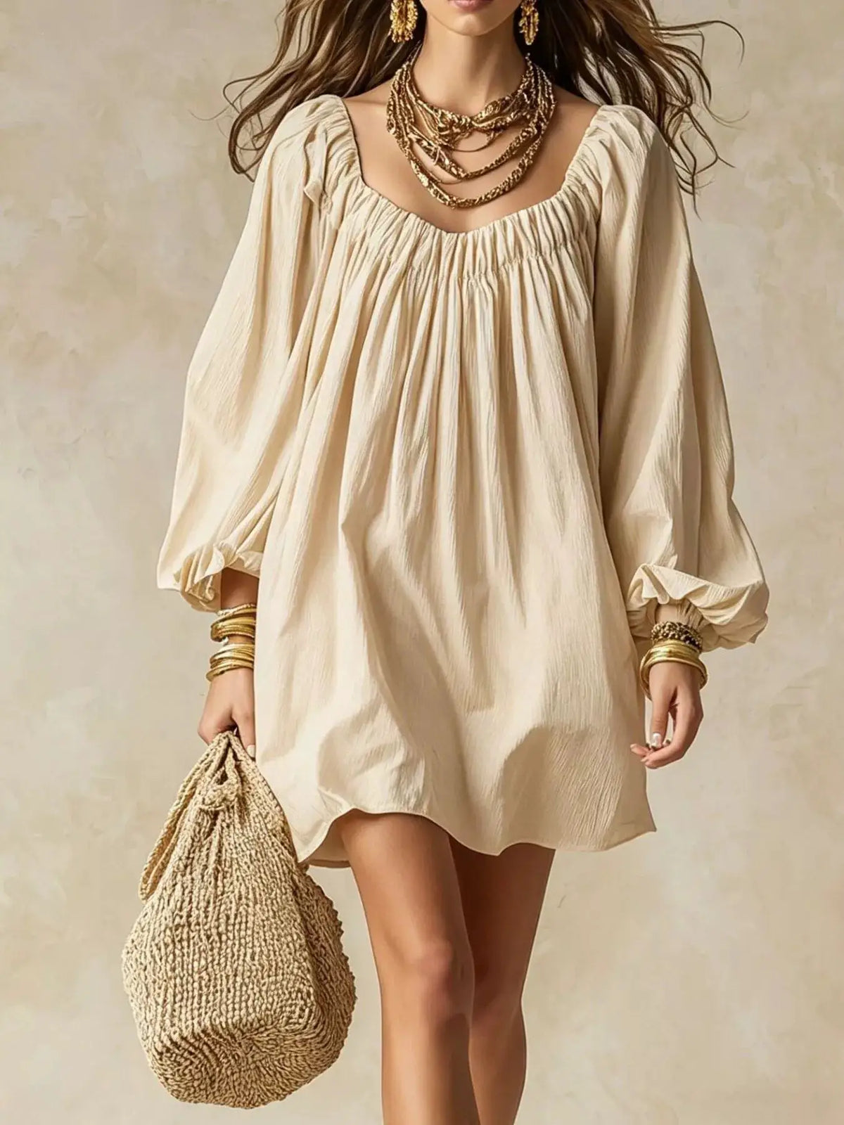 Flowy balloon-sleeve mini dress in beige, Trendsi brand, styled with gold jewelry.
