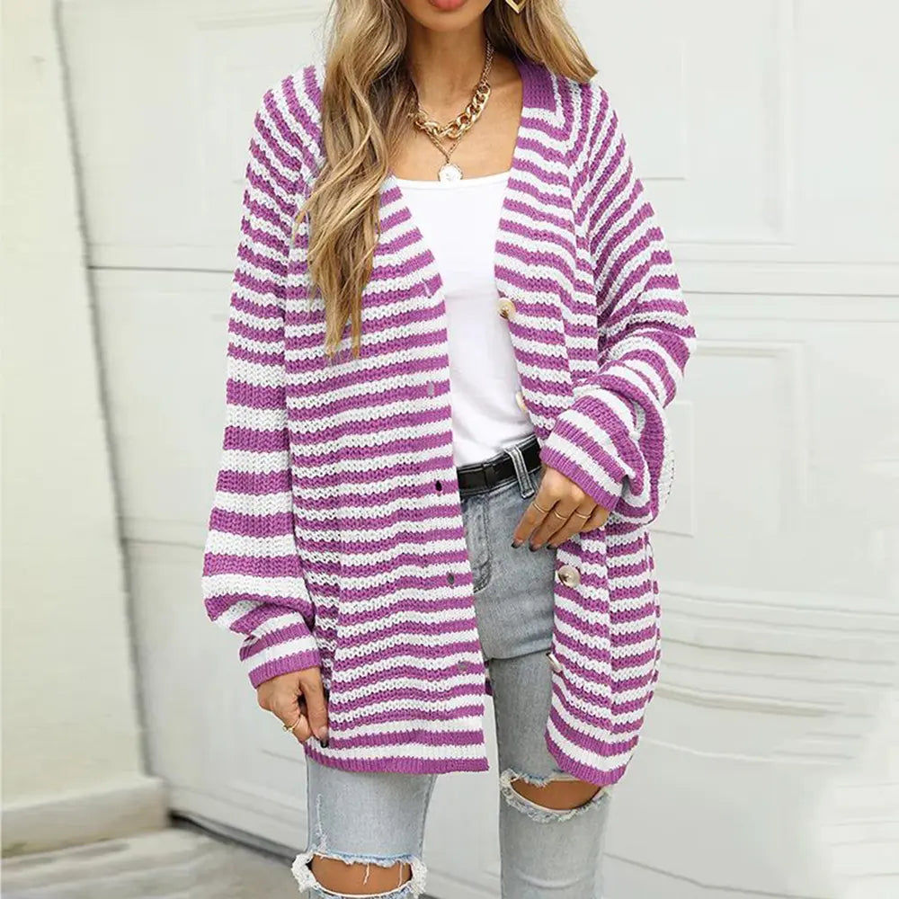 Premium Striped Button Front Long Sleeve Soft Stretchy Cardigan in purple and white by Trendsi.