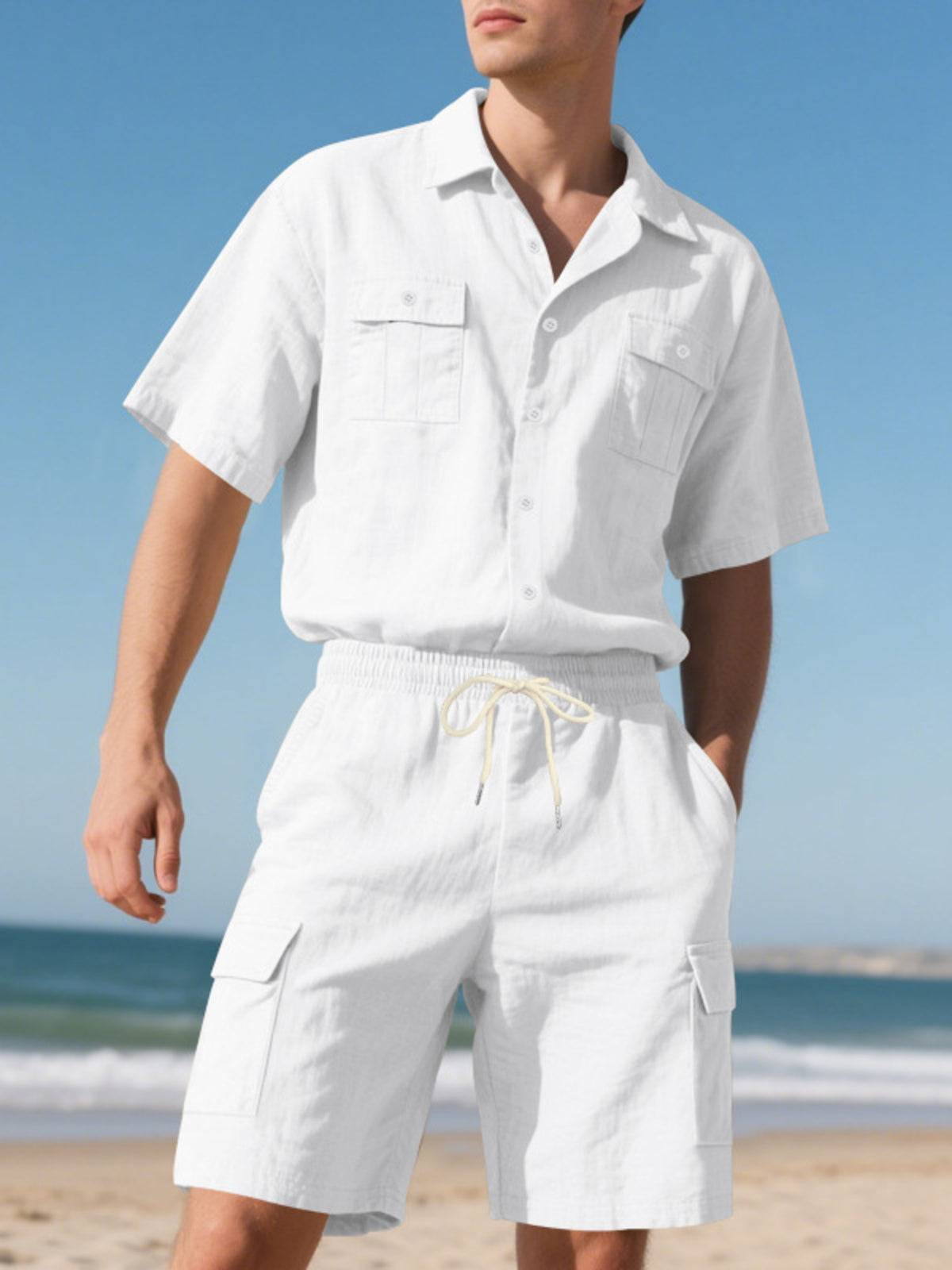 Men's white button-up shirt and shorts set, plus size, Trendsi; short-sleeve shirt with chest pockets.
