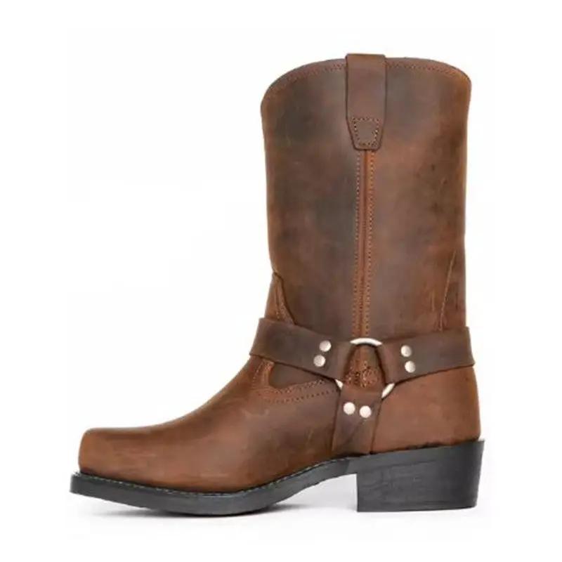 Shoes: AdTec vintage men's western cowboy boots in brown leather with strap detail, studs, and genuine leather soles