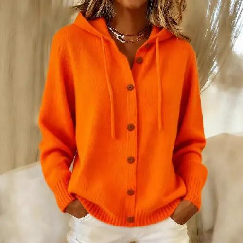 Womens relaxed-fit hooded cardigan in bright orange knit with button front and ribbed cuffs