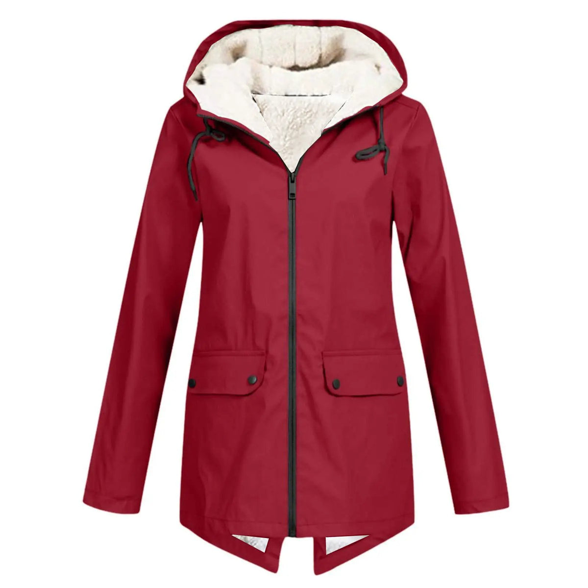 Unisex red hooded parka by AdTec; fleece-lined interior, front zipper and pockets
