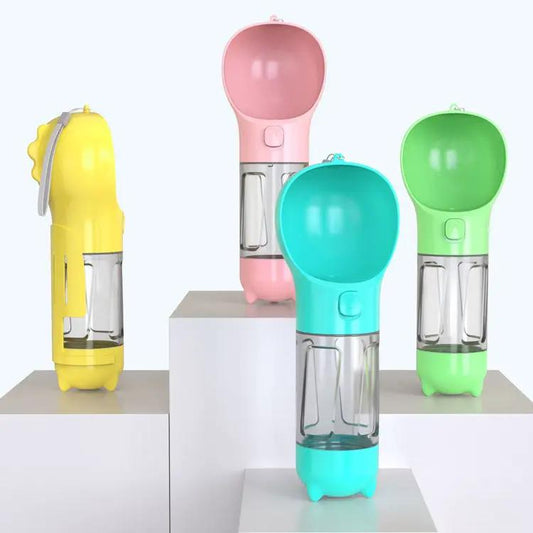 Portable pet water bottle with feeder bowl 4-pack in yellow, pink, teal, and green