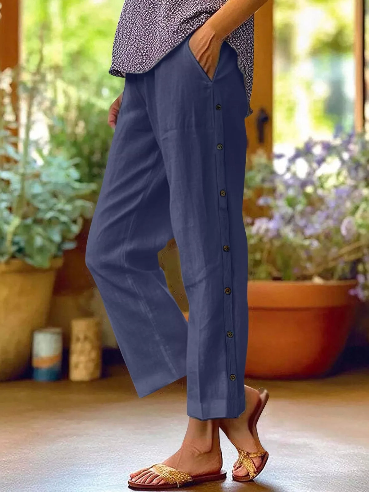 Full Size Side Button Decor Pants, plus-size blue trousers with pockets and side button detail