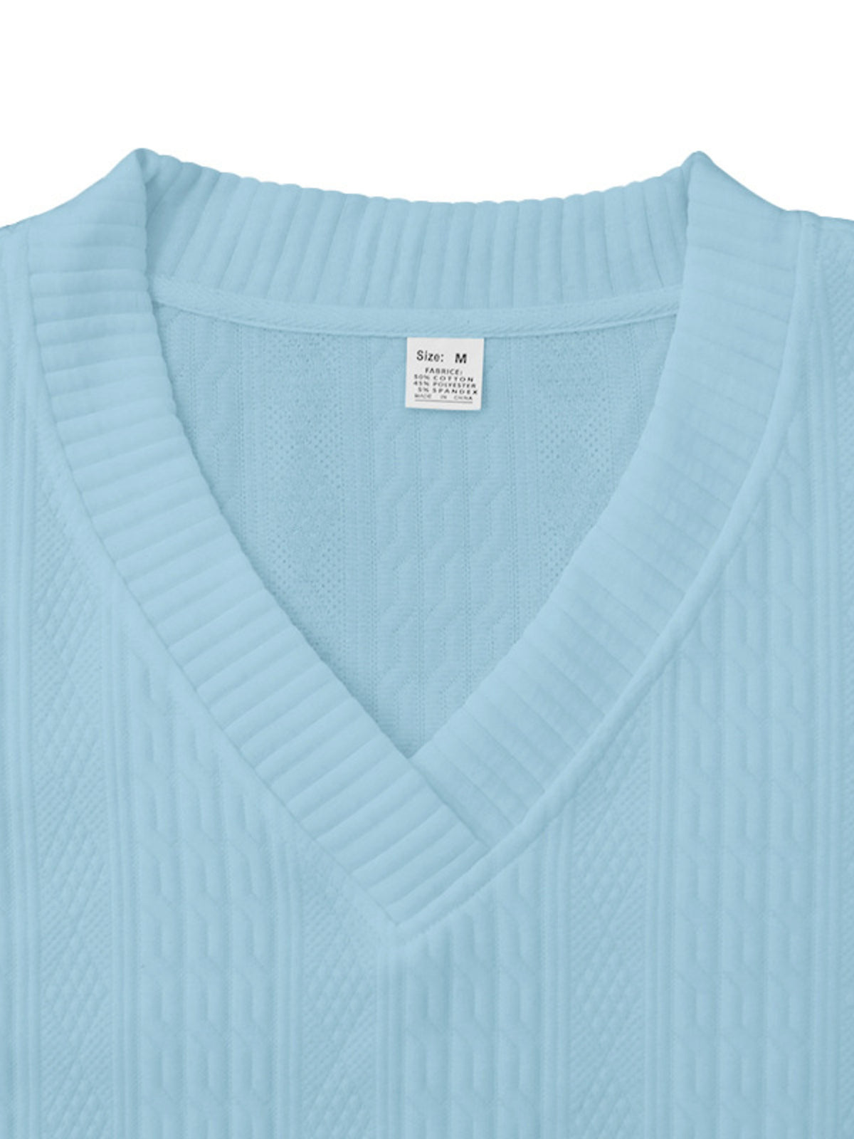Men's light blue knit V-neck top with ribbed collar