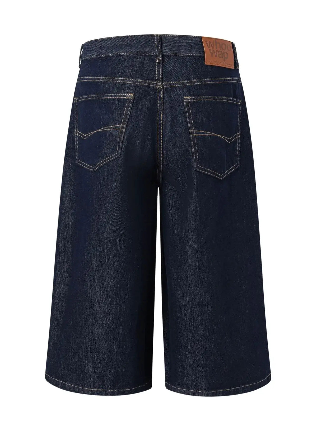 Men's wide-leg pure cotton denim shorts, dark indigo with back pockets and brown leather brand patch