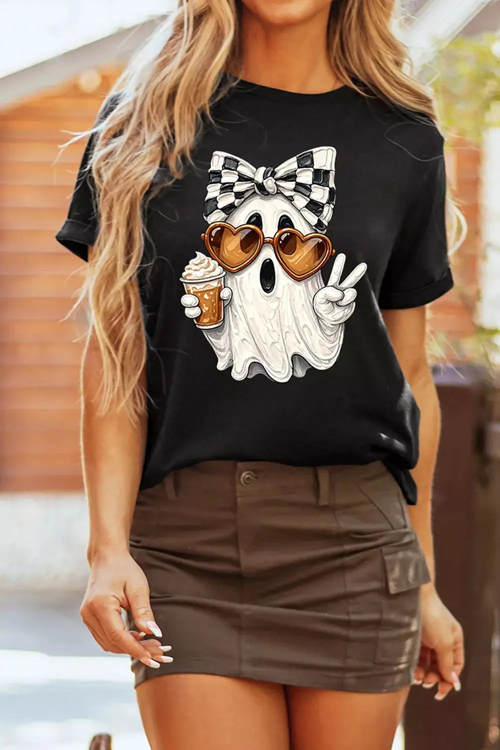 Plus size black graphic ghost T-shirt with bow, heart sunglasses, and drink