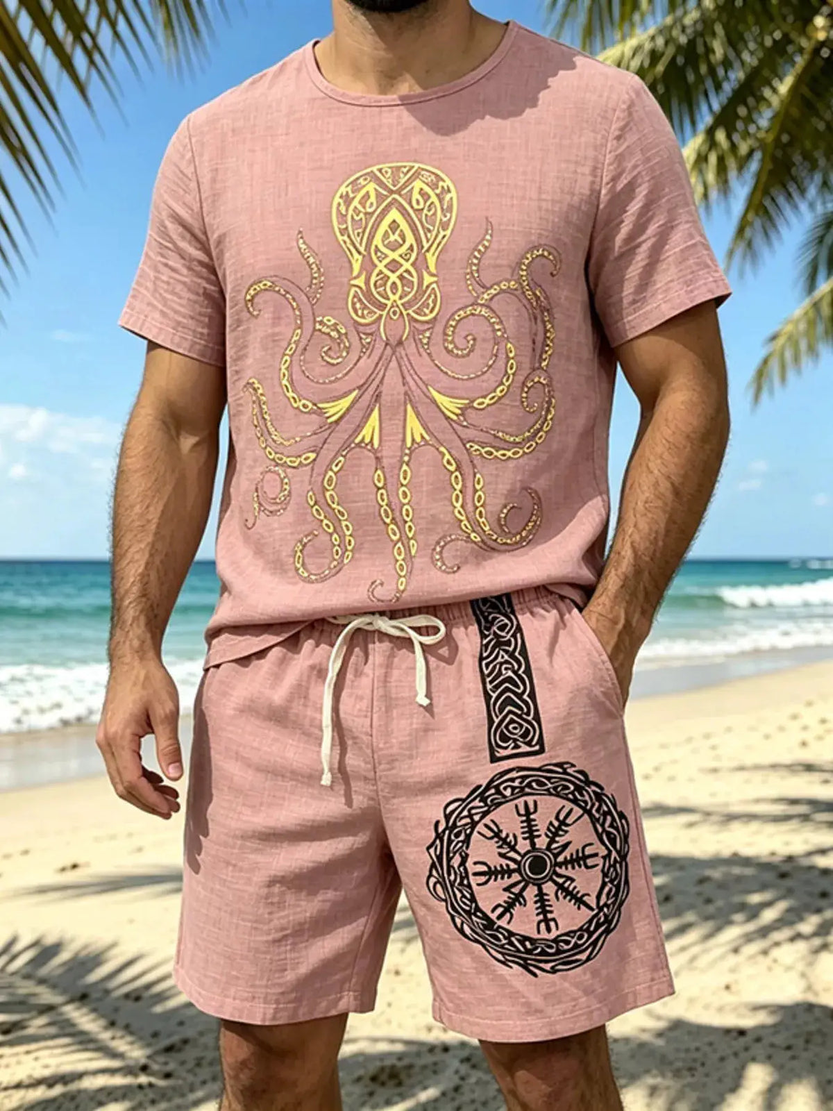Men's pink dusty-rose plus-size two-piece loungewear set with yellow octopus print tee and drawstring shorts