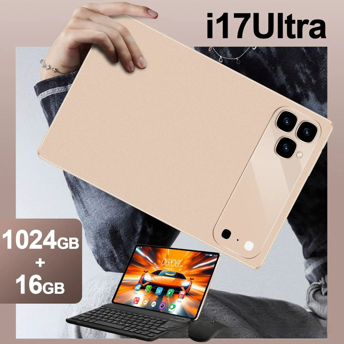 AdTec i17Ultra 11.6-inch gold tablet with quad-camera back and detachable keyboard