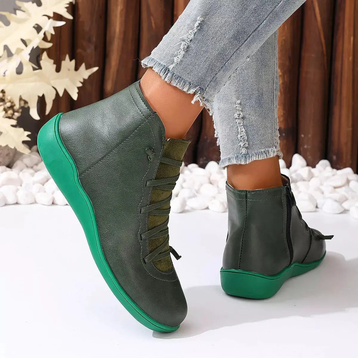 Lace-Up Faux Leather Ankle Boots, olive-green with green sole, by Trendsi