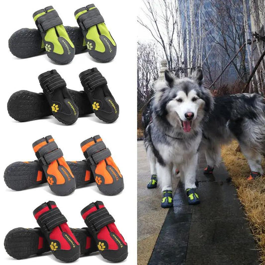 AdTec dog shoes non-slip pet footwear; four colorways (green, black, orange, red) with paw logo, shown on a husky