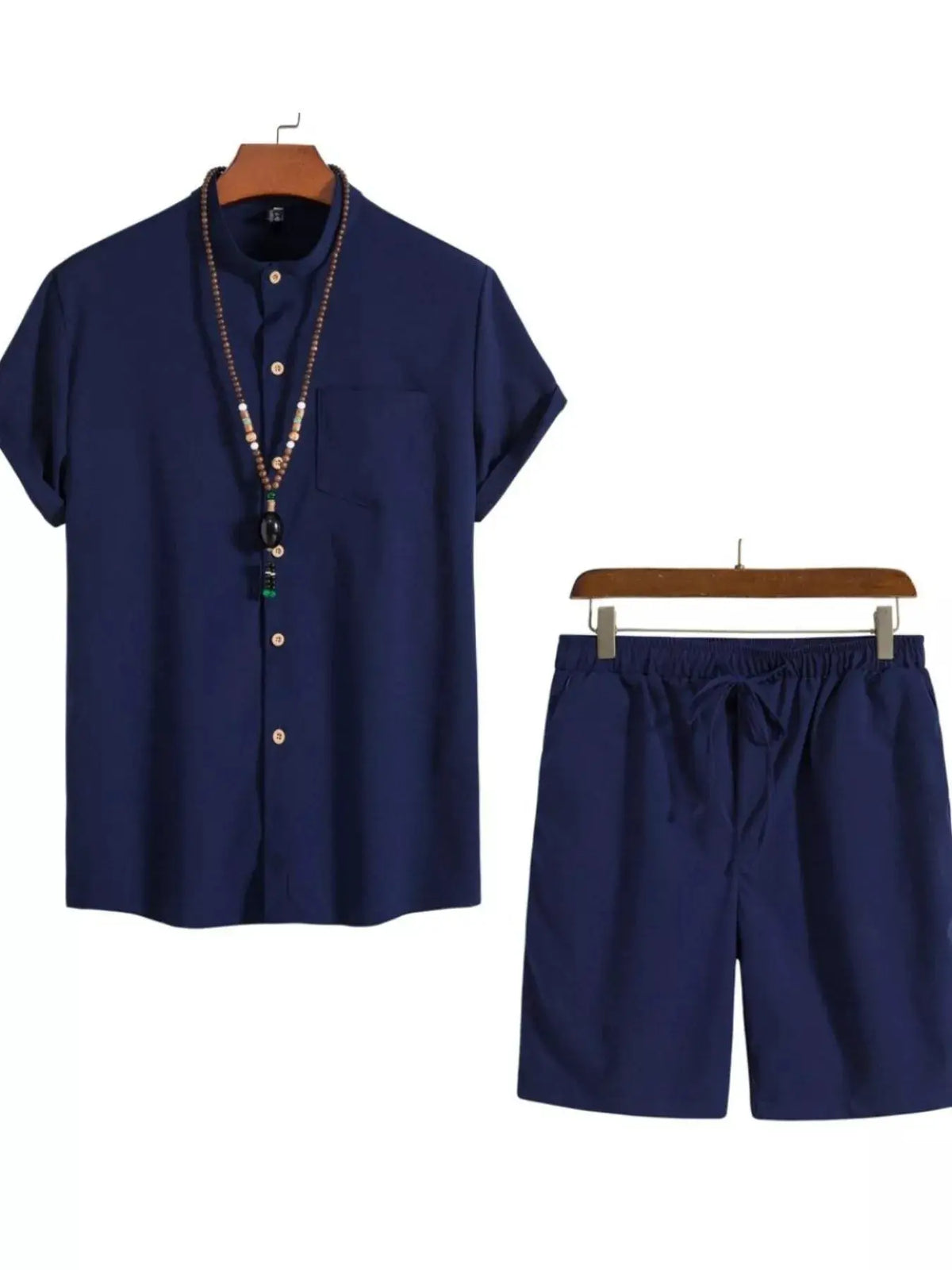 Plus size men's navy blue short-sleeve button-front shirt and matching shorts set