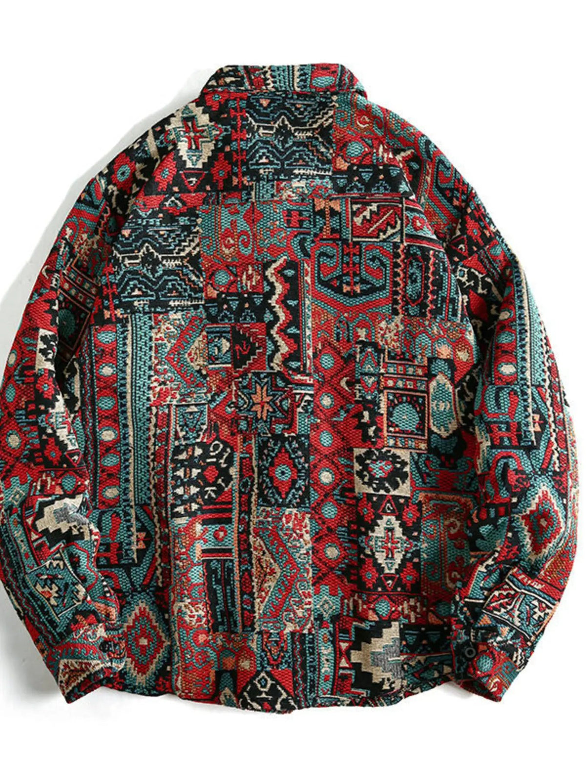 Men's geometric button-up shacket with red, teal and black patchwork print