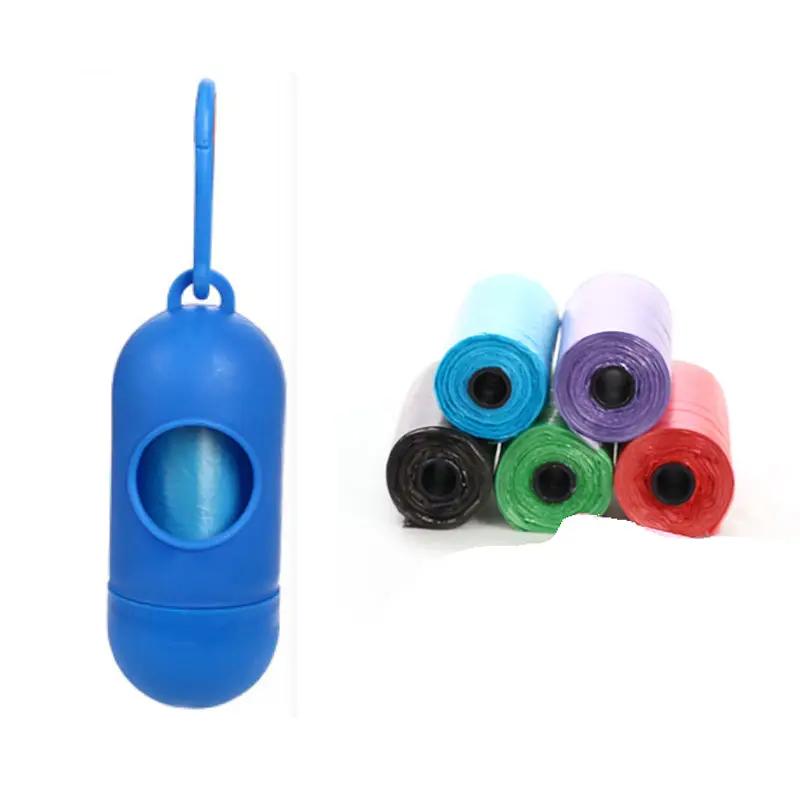 Dog poop bag dispenser by AdTec with blue case and six colored bag rolls