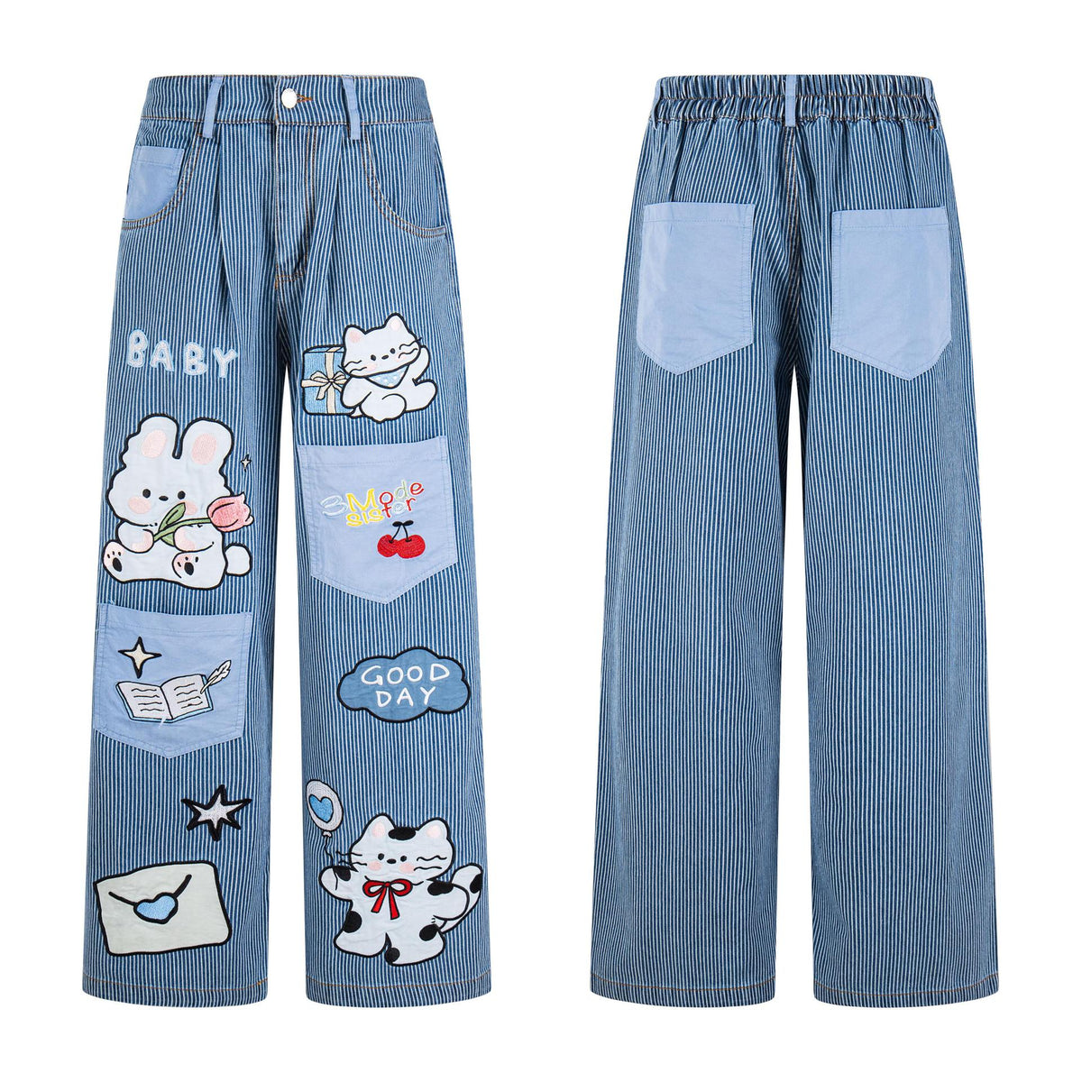 Cat Rabbit Embroidered Jeans