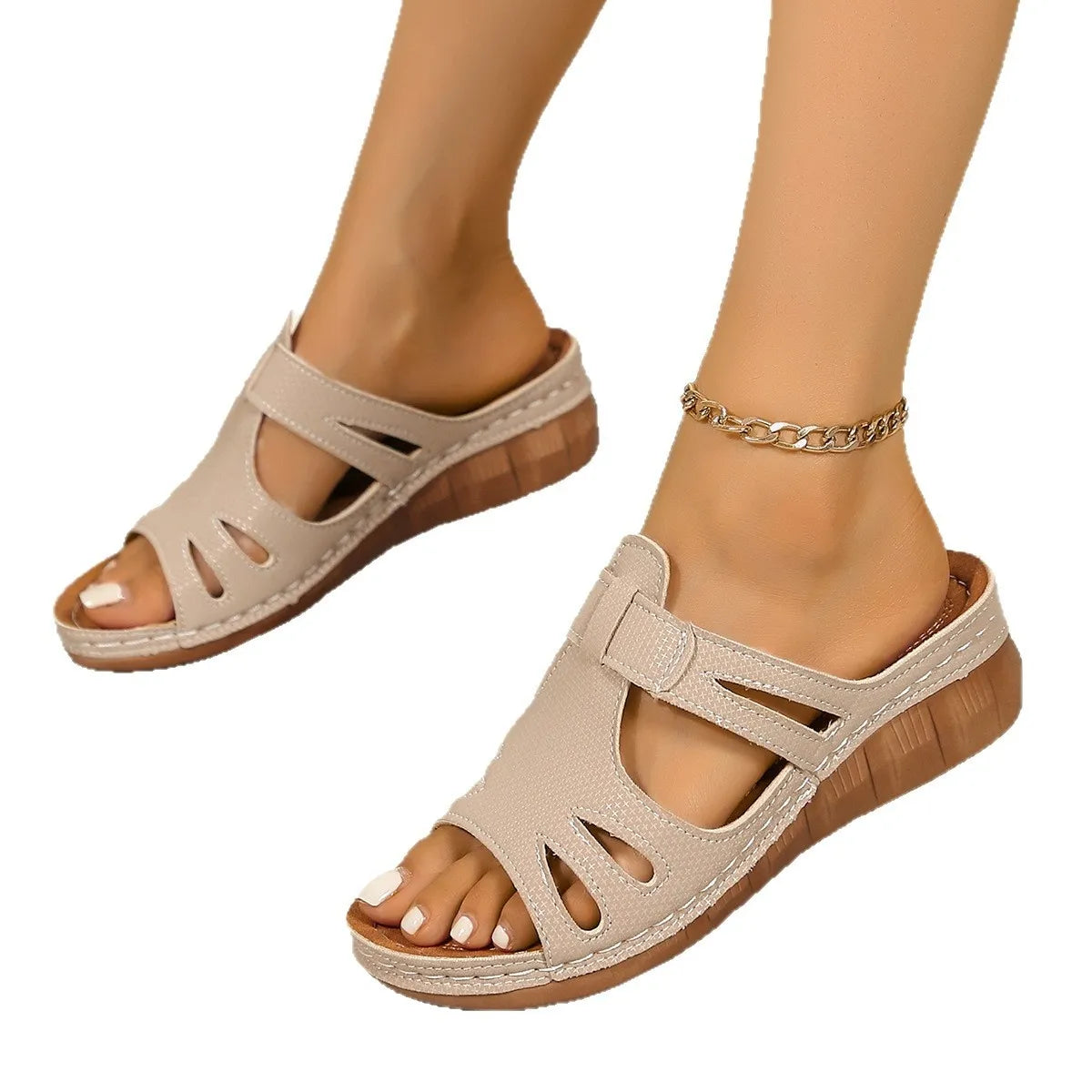 Cutout Open Toe Wedge Sandals by Trendsi in beige with cutout straps and wedge sole