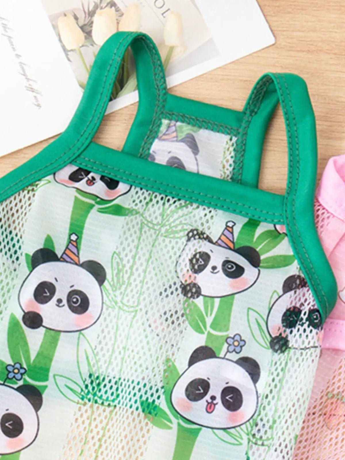 Breathable Mesh Pet Top in green with panda print and mesh panels