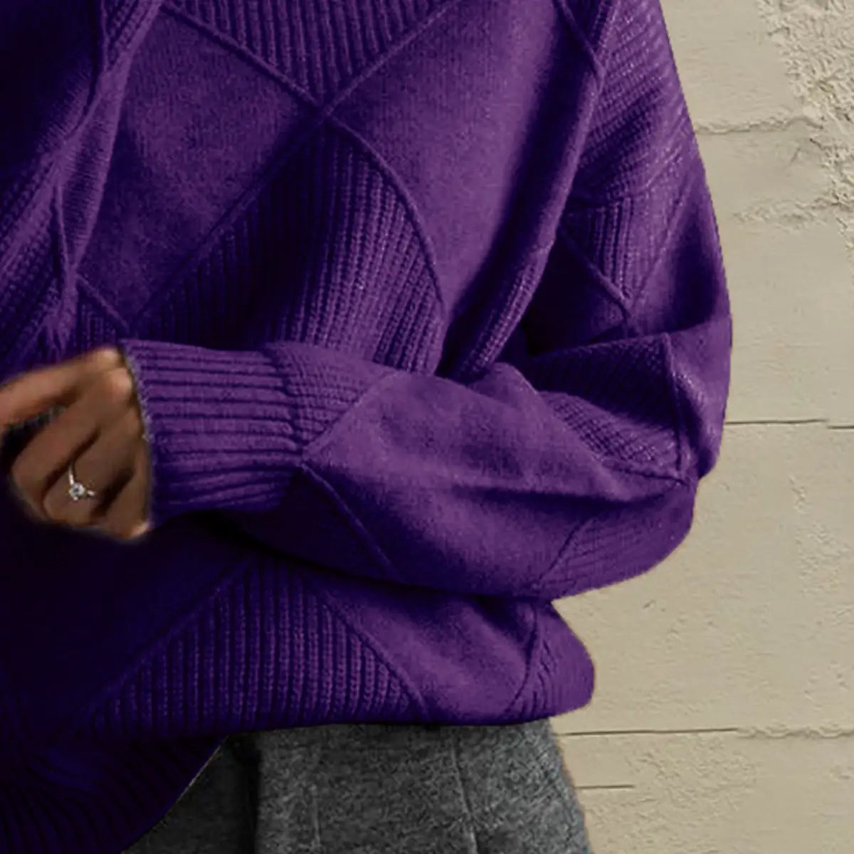 Geometric turtleneck long-sleeve stretch-knit sweater in plum.