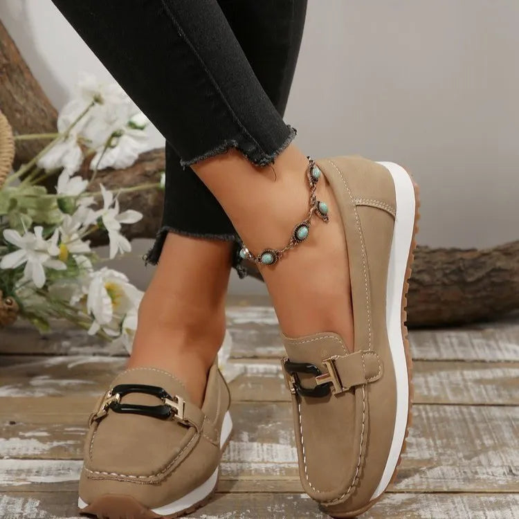 Shoes: tan round-toe buckle-detail slip-ons by Trendsi with white sole