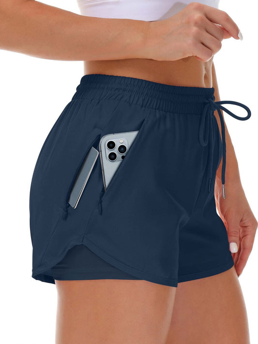 Pantalones cortos deportivos para mujer, de correr, yoga, dos piezas falsas