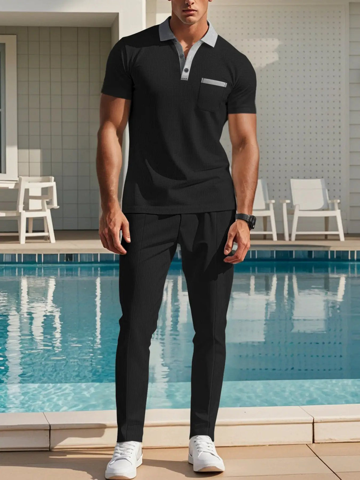 Men's matching short-sleeve polo and pants set, black with gray collar and pocket trim, plus size