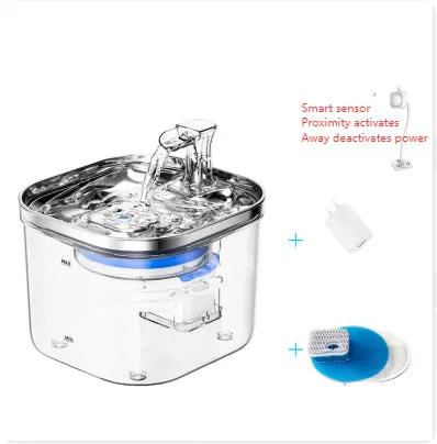 AdTec stainless steel pet water fountain with clear reservoir, blue sponge filter, and smart sensor accessory