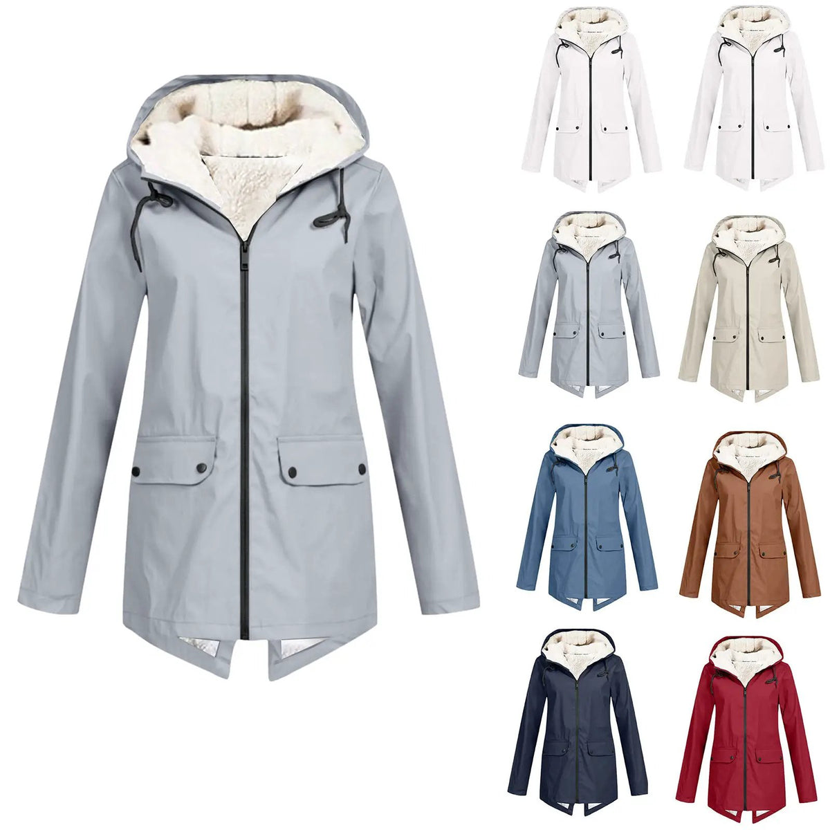 Unisex hooded winter parka, velvet-lined insulated coat; shown in multiple colors