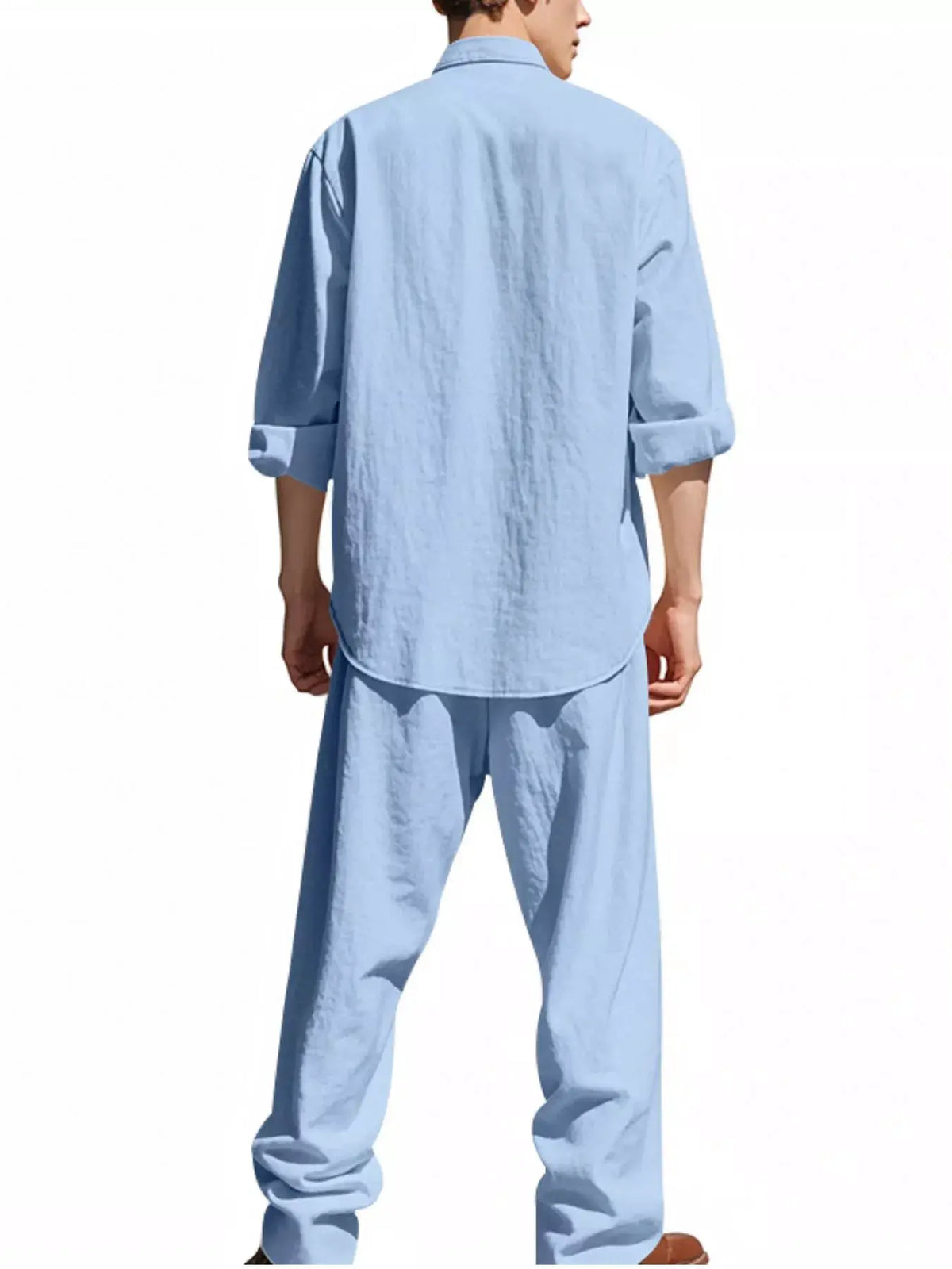 Men's light blue linen-blend shirt and pants set, back view with rolled cuffs